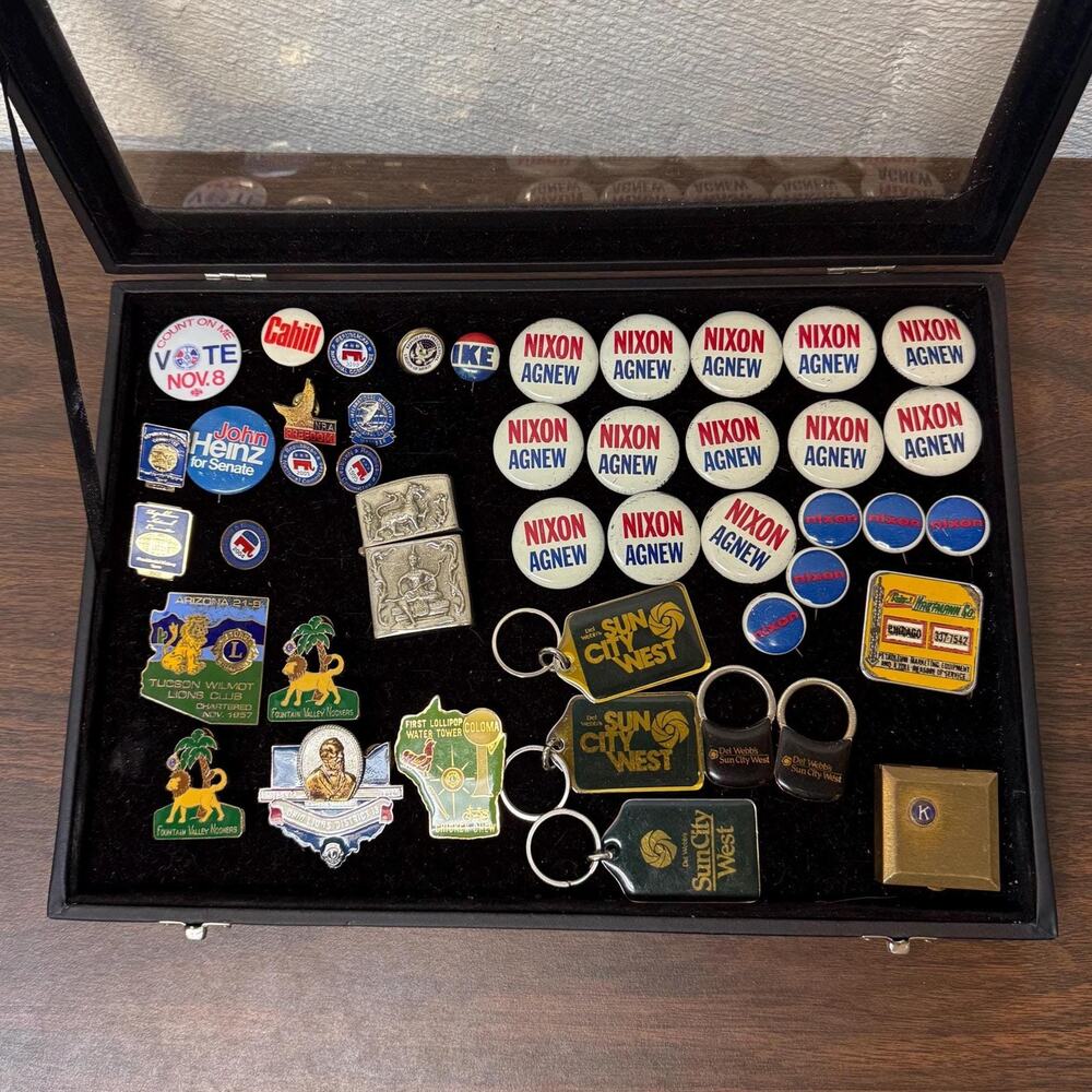 Vintage Estate Junk Drawer Lot - political pins buttons, keychains lions